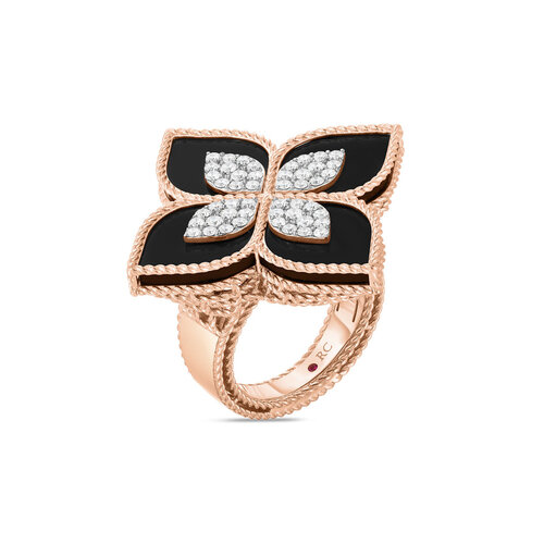 Roberto Coin Princess Flower ring in roségoud met zwarte jade en diamant Leon Martens Juwelier Roberto Coin Princess Flower ring in roségoud met zwarte jade en diamant Leon Martens Juwelier