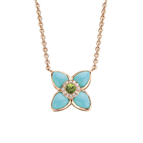 Tirisi Seoul Flower collier in roségoud met turkoois, tsavoriet en diamant Leon Martens Juwelier