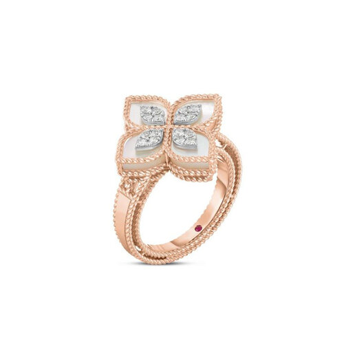 Roberto Coin  Princess Flower ring in rosé- en witgoud met parelmoer en diamant Leon Martens Juwelier