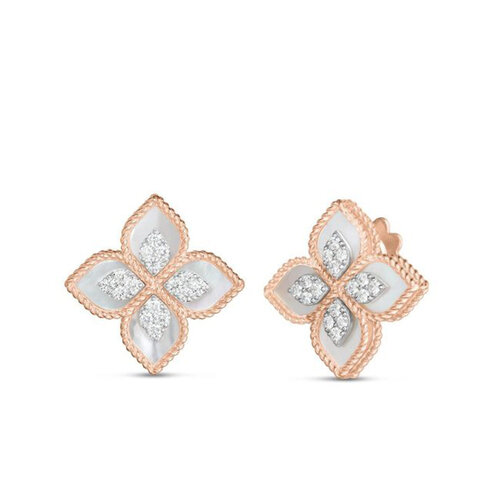 Roberto Coin  Princess Flower oorsieraden in rosé- en witgoud met parelmoer en diamant Leon Martens Juwelier