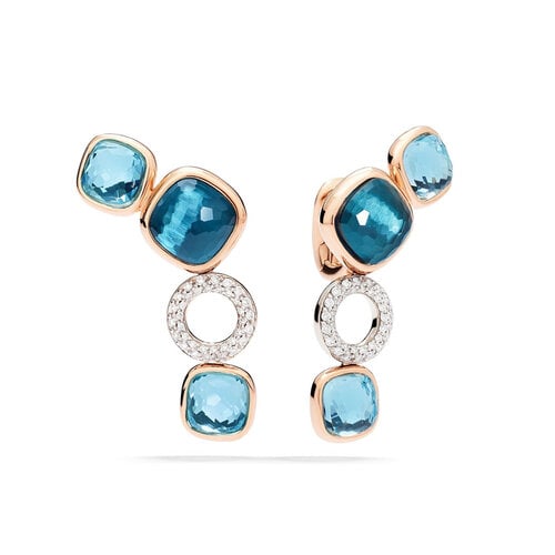Pomellato Nudo oorsieraden in rosé- en witgoud met blauwe topaas, London topaas en diamanten Leon Martens Juwelier