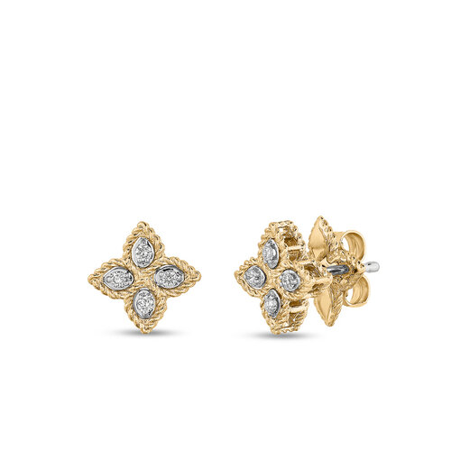 Roberto Coin  Princess Flower oorsieraden in geel- en witgoud met diamanten Leon Martens Juwelier