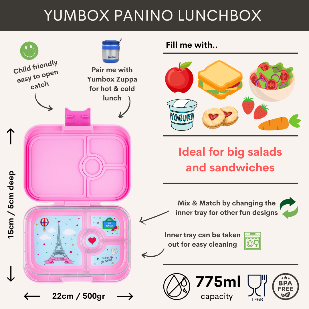Yumbox Panino - Leakproof Sandwich friendly Bento box - 4-sections - Fifi Pink / Paris je t'aime tray-2