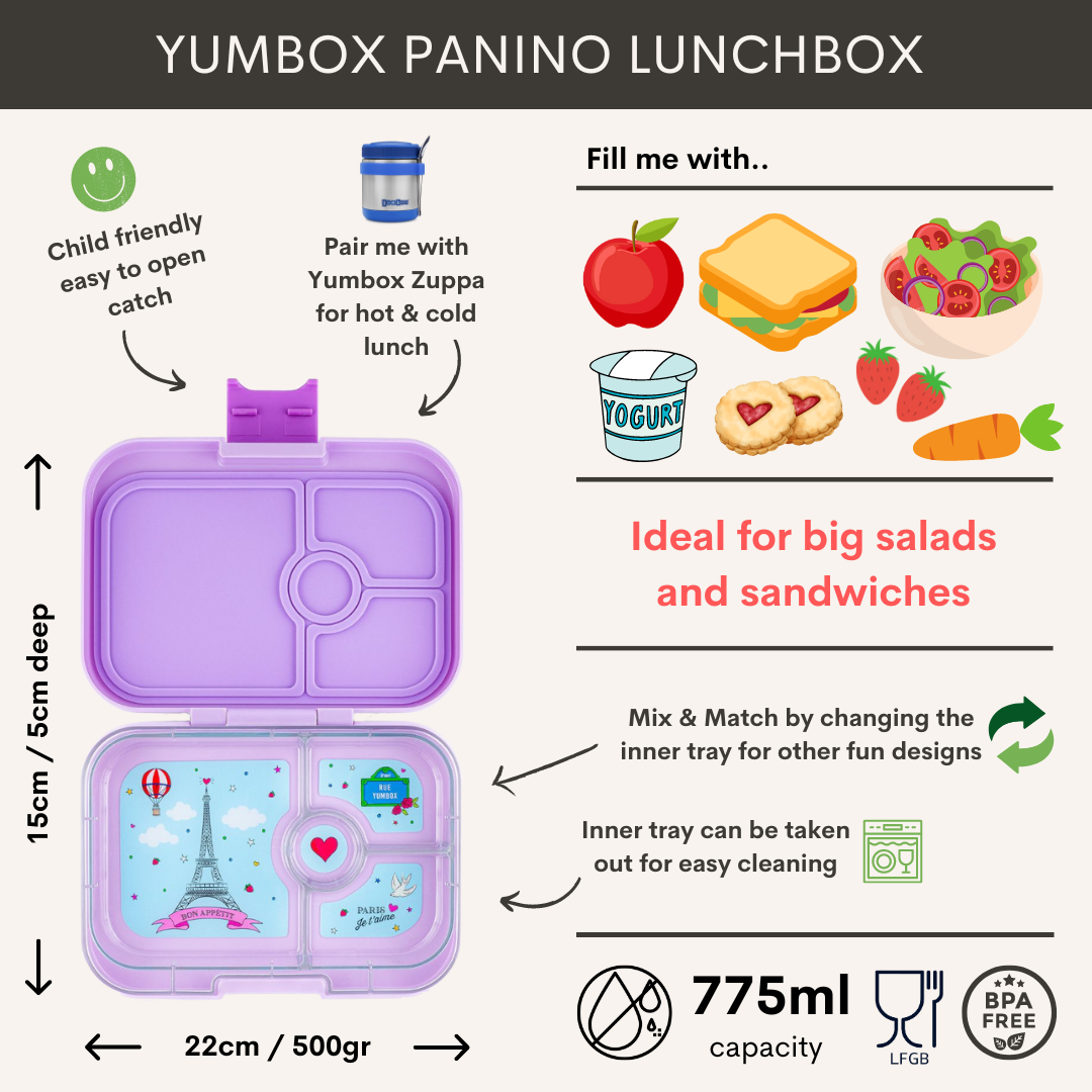 Yumbox Panino - Leakproof Sandwich friendly Bento box - 4-sections - Lulu Purple /  Paris je t'aime tray-2