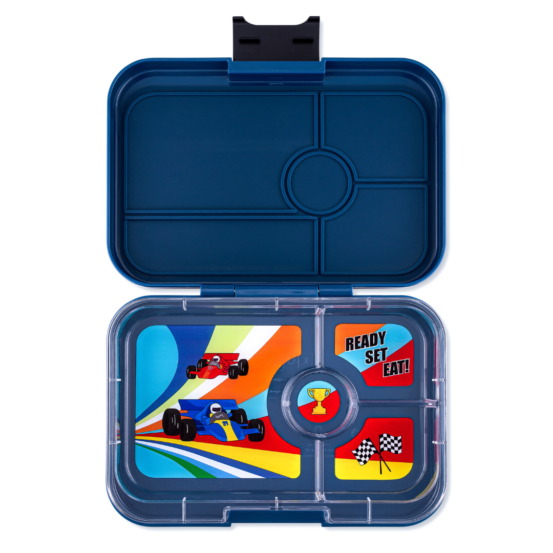 Yumbox Tapas XL - lekvrije Bento box lunchbox - 4 vakken - Monte Carlo Blue / Race Cars tray-1