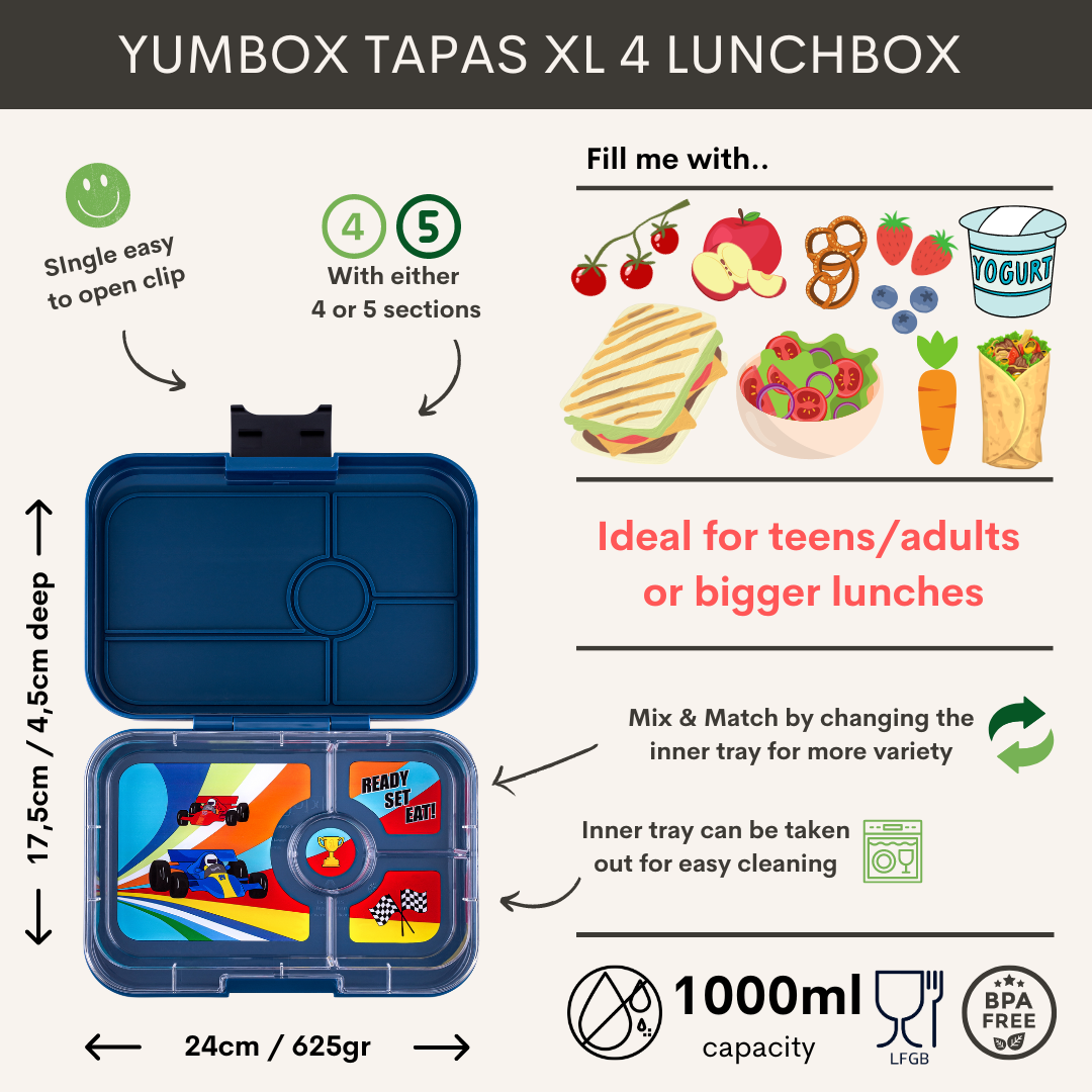 Yumbox Tapas XL - Leakproof big lunchbox - 4-sections - Monte Carlo Blue / Race Cars tray-2