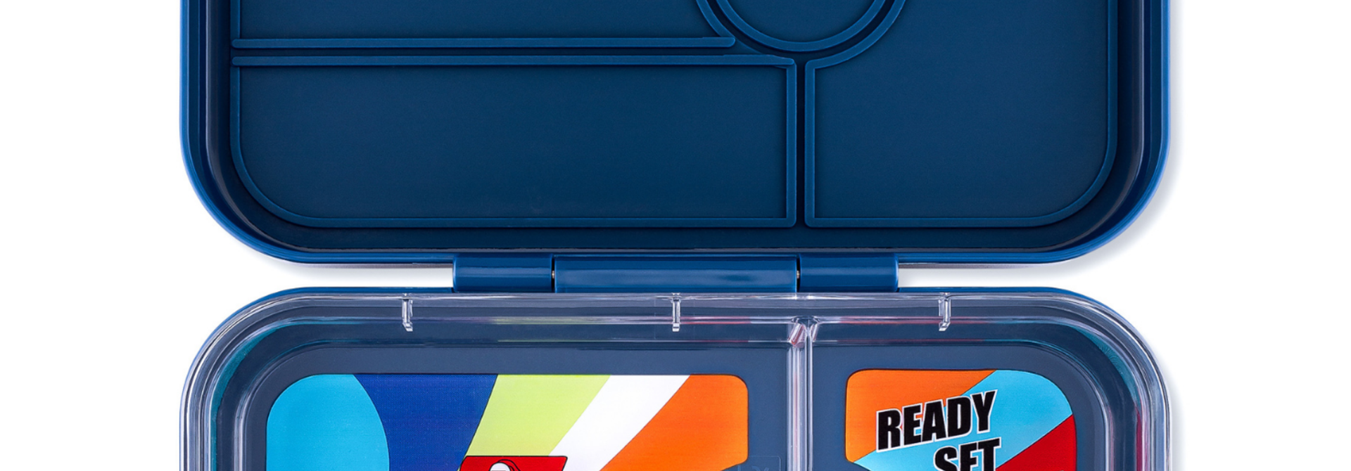 Yumbox Tapas XL - lekvrije Bento box lunchbox - 4 vakken - Monte Carlo Blue / Race Cars tray