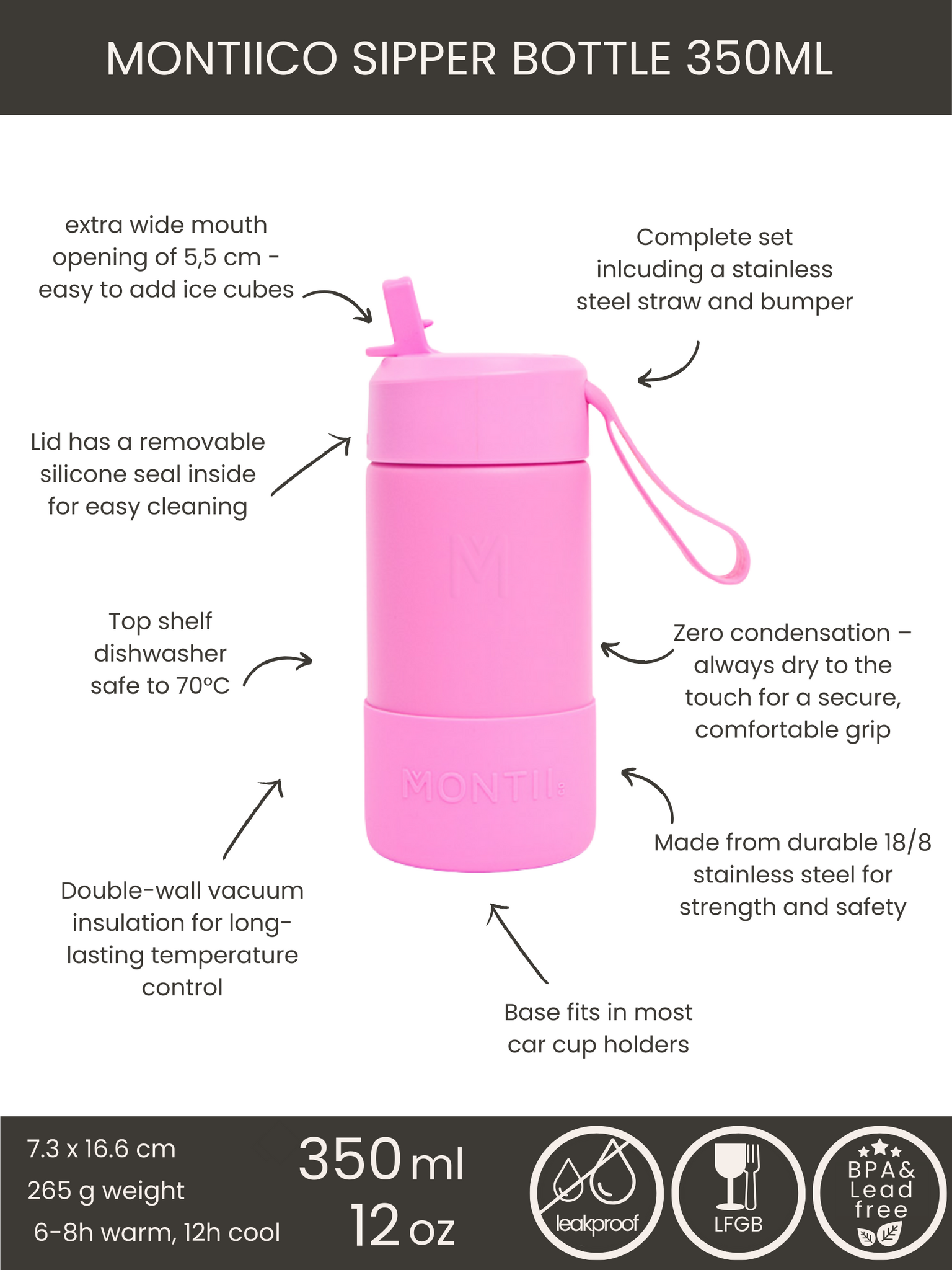 MontiiCo thermo drink bottle Sipper – 350 ml – stainless steel – with carry strap, stainless steel straw and bumper – Fusion range - Floss pink-3