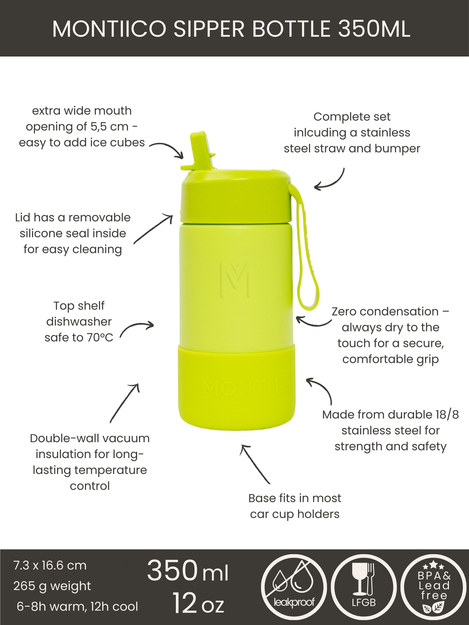 MontiiCo thermo drink bottle Sipper – 350 ml – stainless steel – with carry strap, stainless steel straw and bumper – Fusion range - Matcha lime green-3