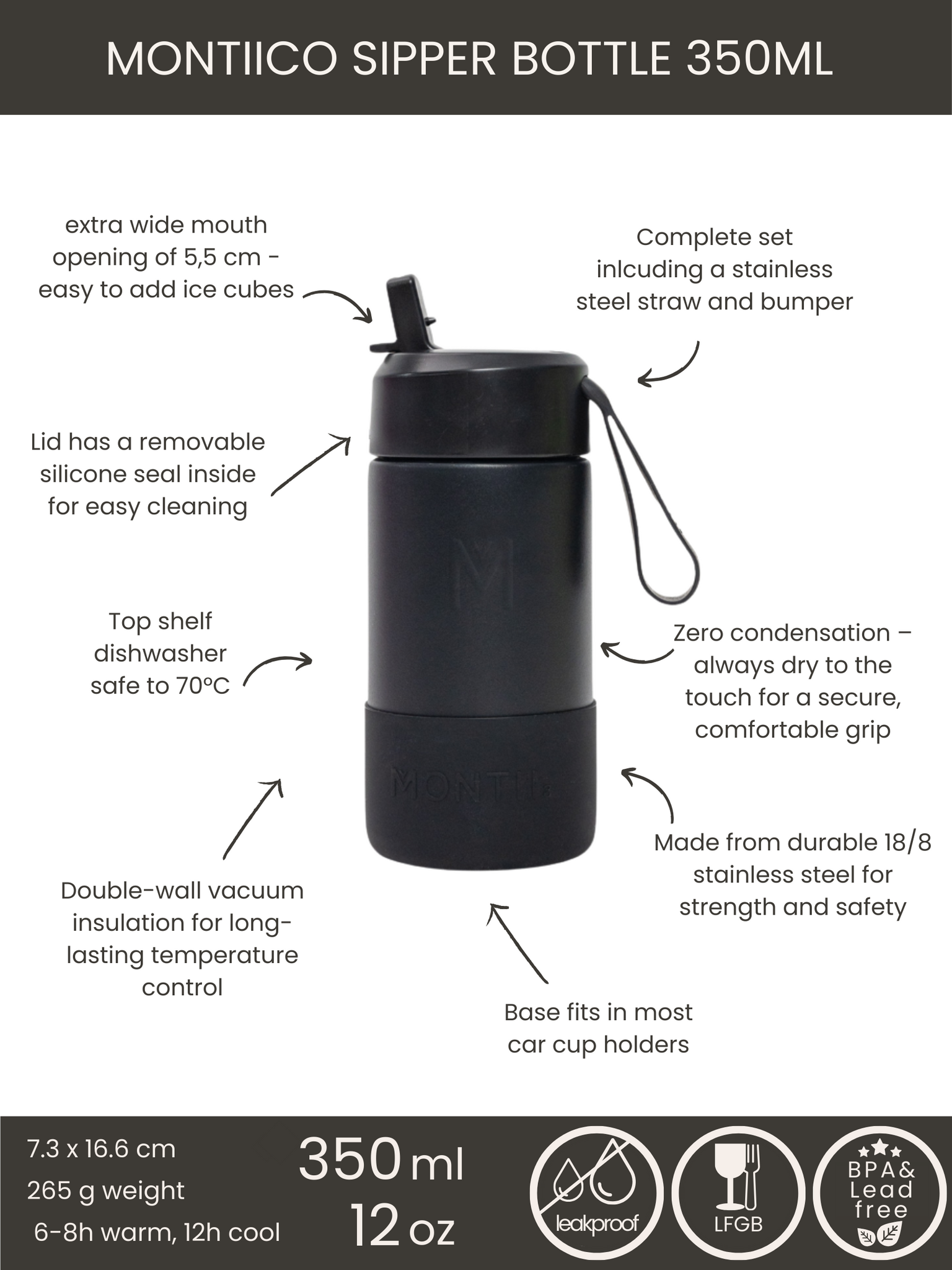 MontiiCo thermo drink bottle Sipper – 350 ml – stainless steel – with carry strap, stainless steel straw and bumper – Fusion range - Midnight black-3