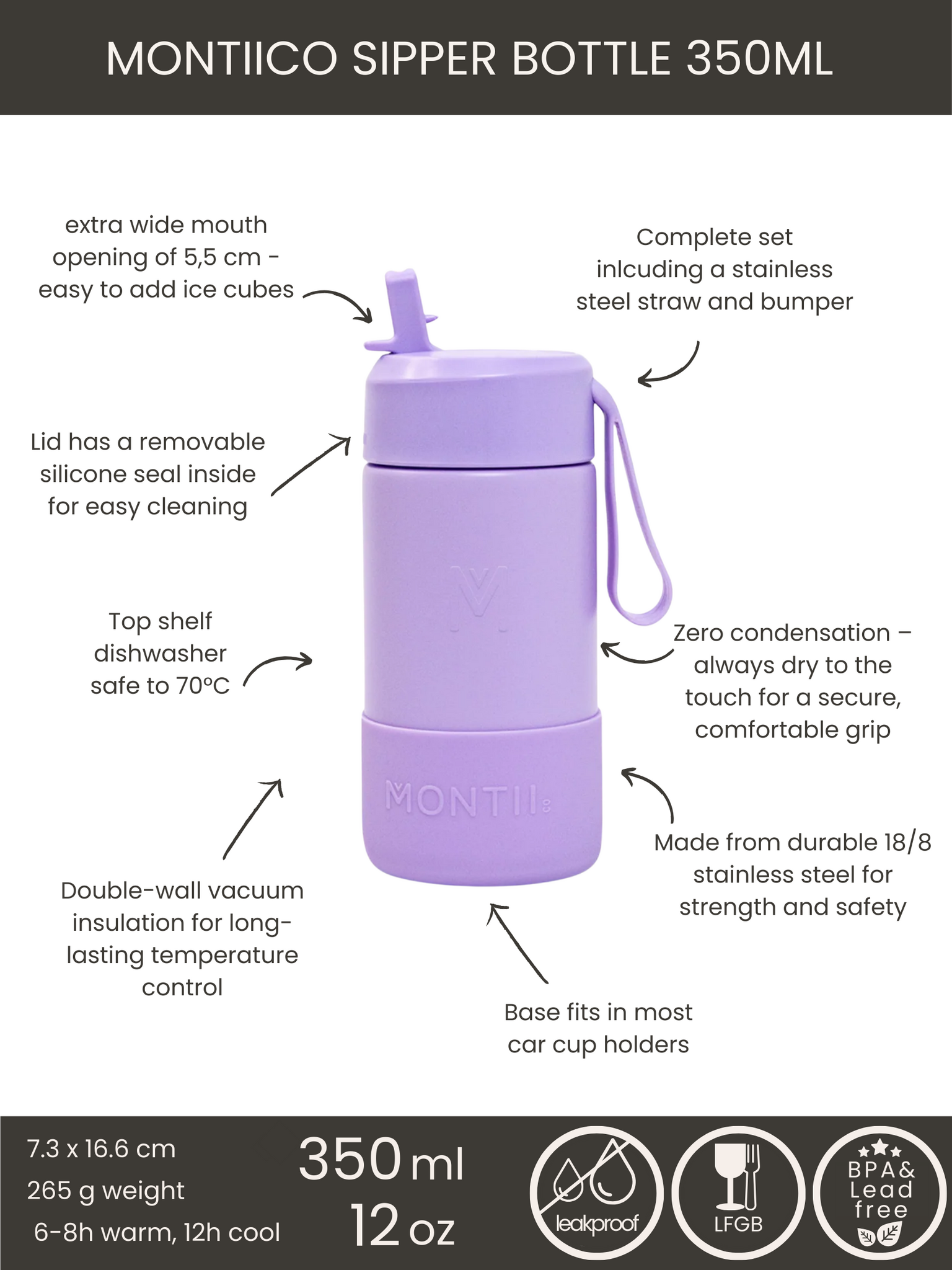 MontiiCo thermo drink bottle Sipper – 350 ml – stainless steel – with carry strap, stainless steel straw and bumper – Fusion range - Lilac-3