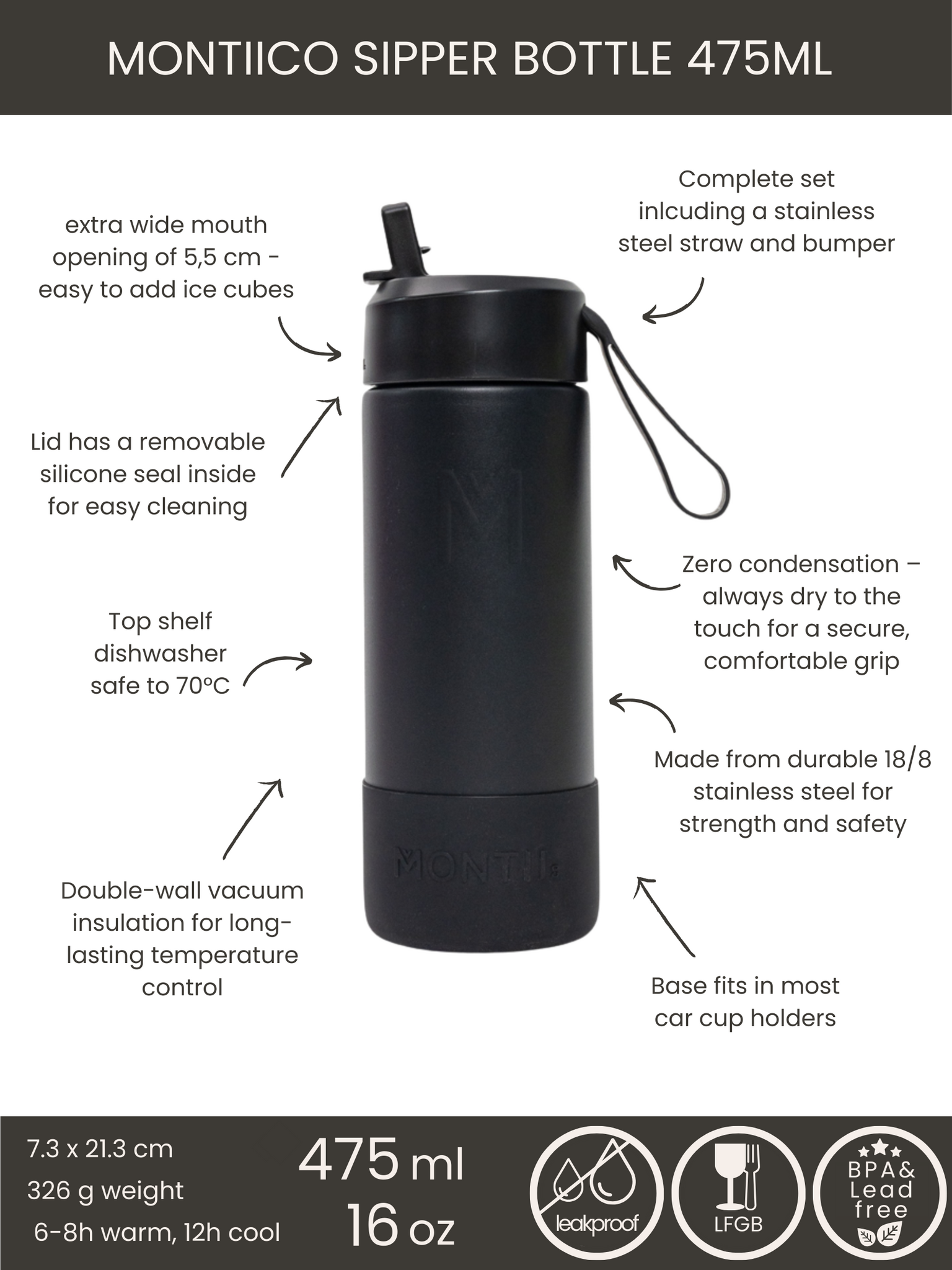 MontiiCo thermo drink bottle Sipper 475 ml – stainless steel – with carry strap, stainless steel straw and bumper – Fusion range - Midnight black-3