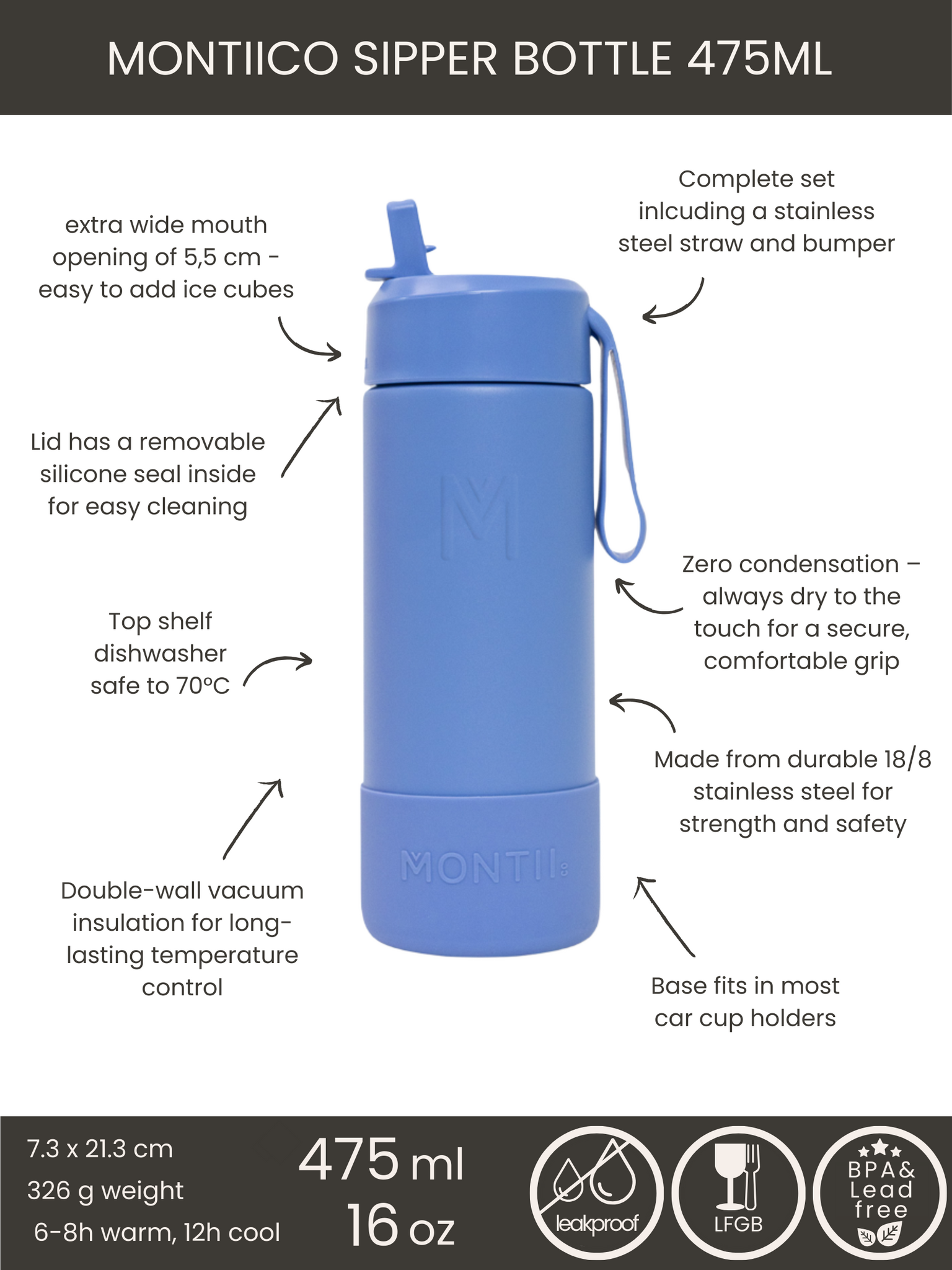MontiiCo thermo drink bottle Sipper 475 ml – stainless steel – with carry strap, stainless steel straw and bumper – Fusion range - Splash blue-3