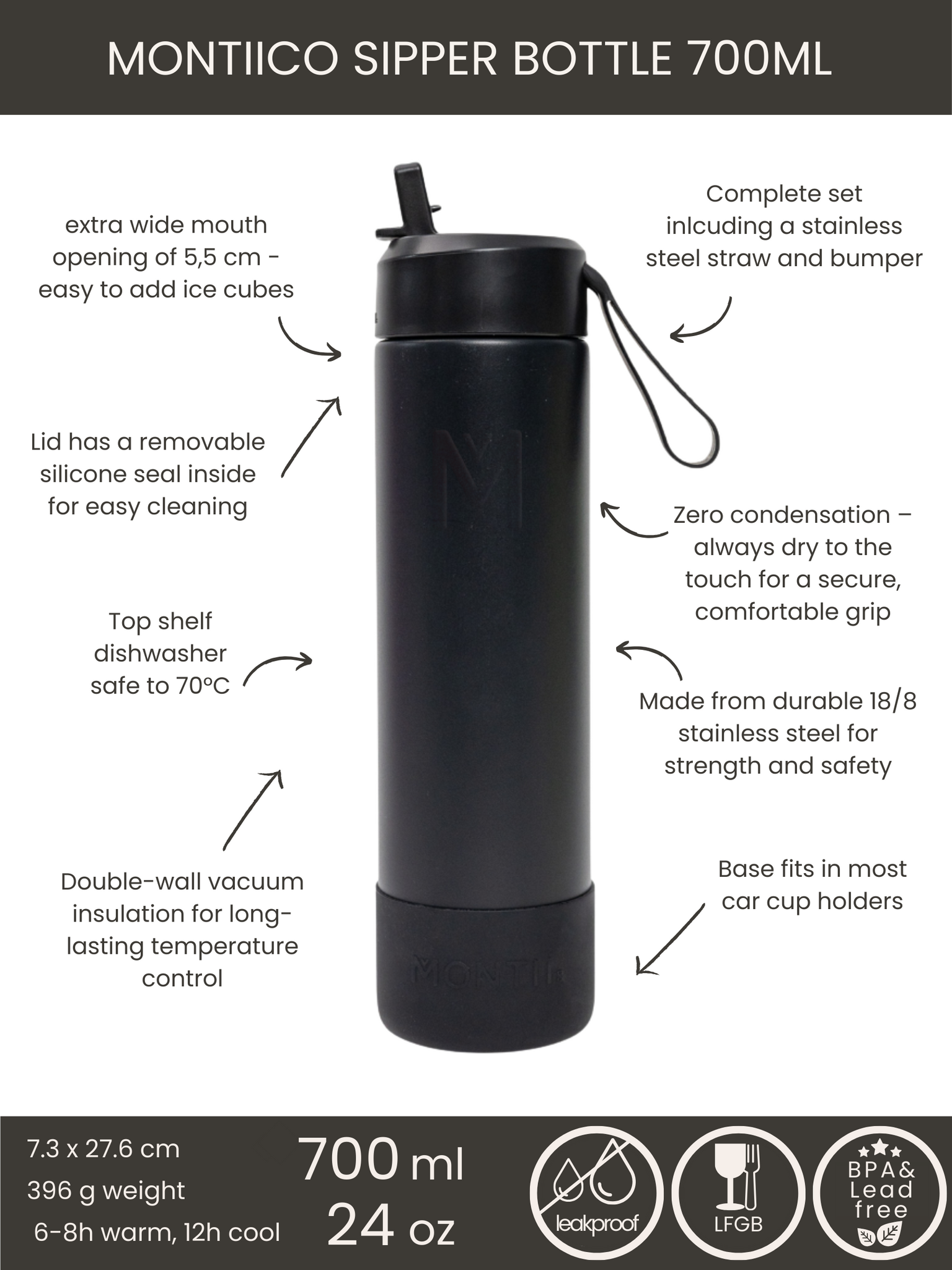 MontiiCo thermo drink bottle Sipper 700 ml – stainless steel – with carry strap, stainless steel straw and bumper – Fusion range - Midnight black-3