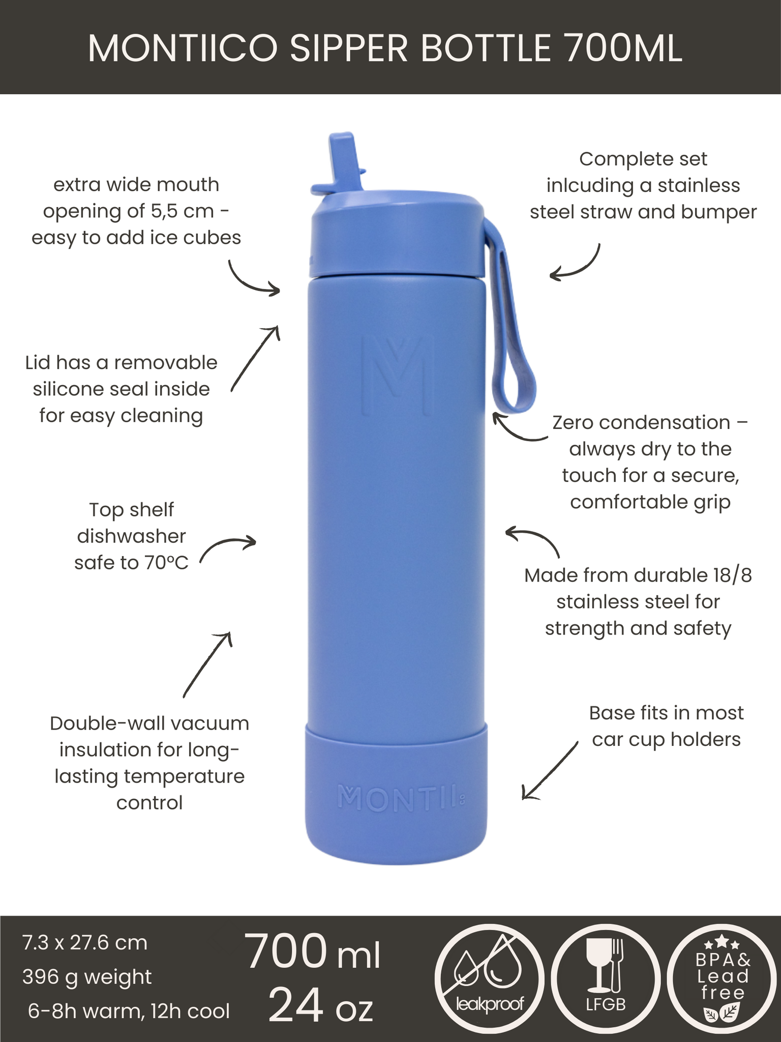 MontiiCo thermo drink bottle Sipper 700 ml – stainless steel – with carry strap, stainless steel straw and bumper – Fusion range - Splash blue-3