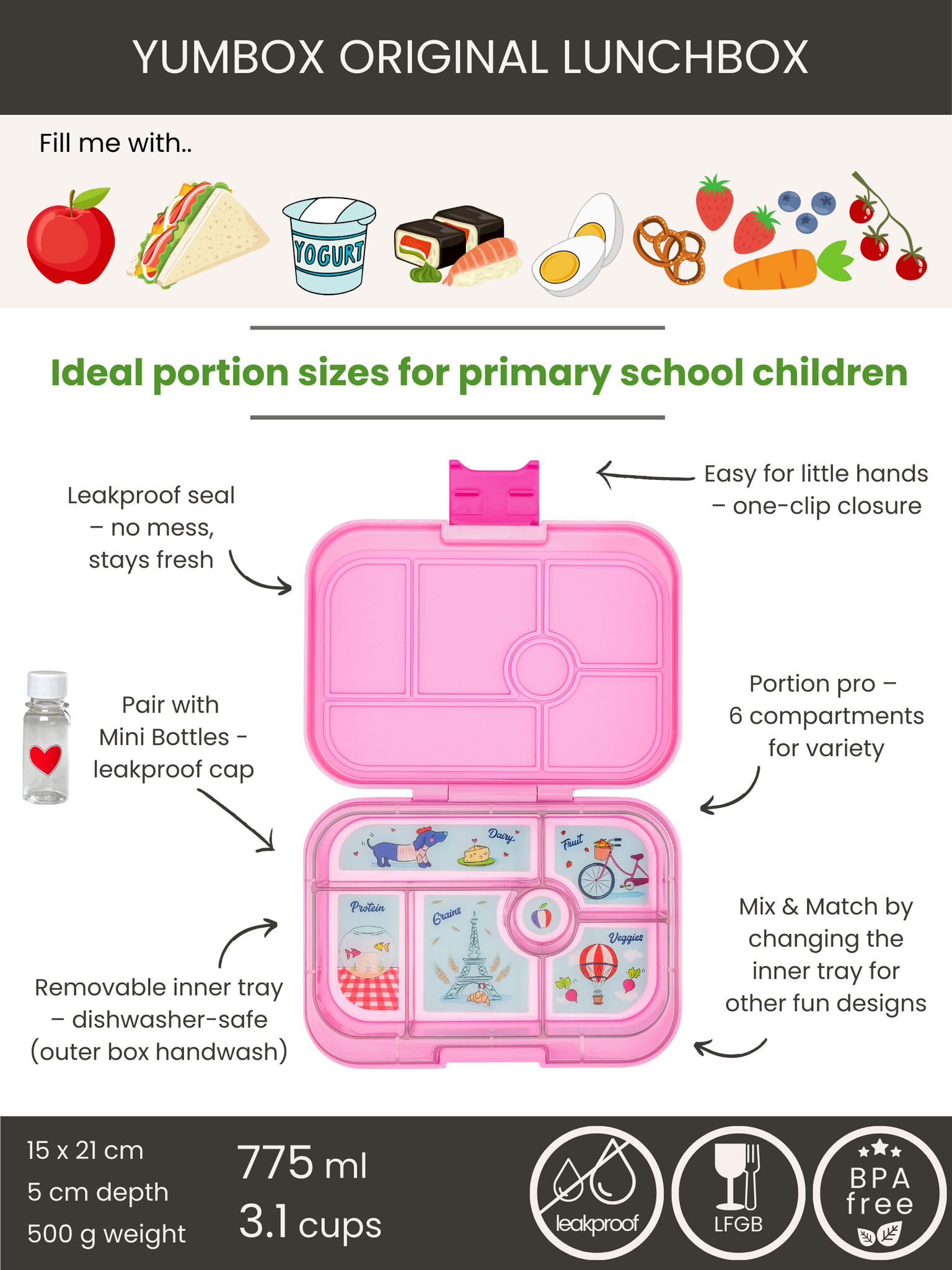 Yumbox Original - lekvrije Bento box lunchbox - 6 vakken - Power Pink / Paris tray-3