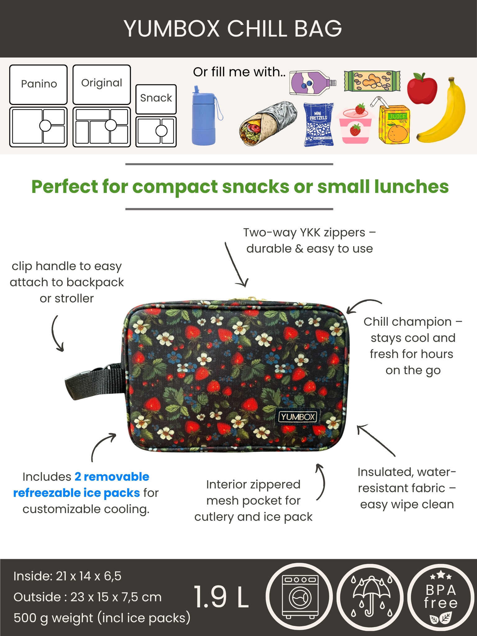Yumbox Chill Bag — with 2 removable gel ice packs — Strawberries-2