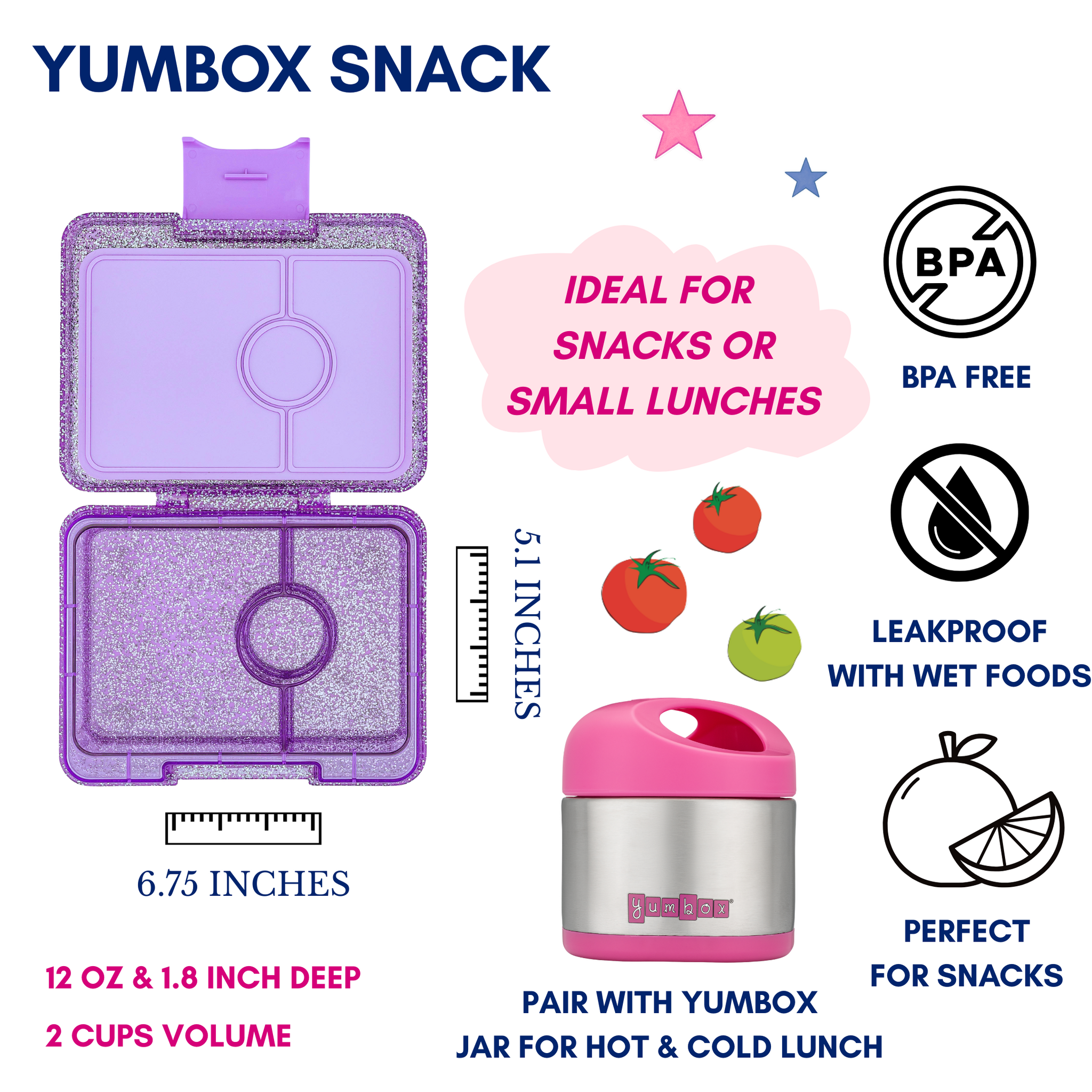 Yumbox Snack - lekvrije Bento box lunchbox - 3 vakken - Princess Paarse Glitter / Paars transparant tray-4