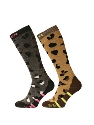 Sinner Sinner Placed Animal Dames Ski Sokken Bruin Zwart - Double Pack