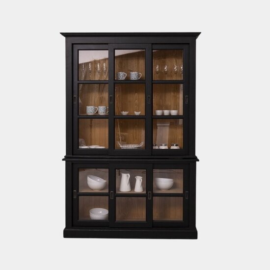 123kast  Vitrinekast Apeldoorn - 150x47x220H - bovenkast en onderkast met glazen schuifdeuren - eiken achterwand - glazen zijkanten