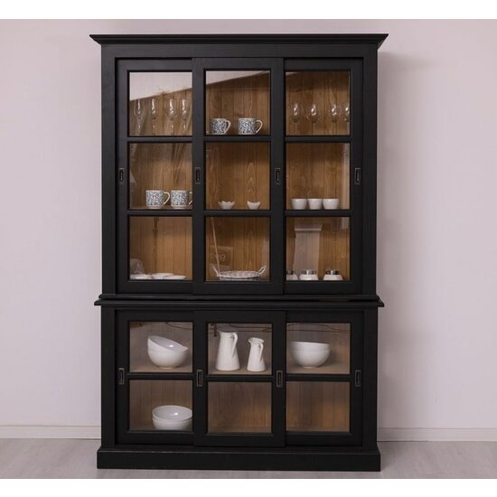 123kast  Vitrinekast Apeldoorn - 150x47x220H - bovenkast en onderkast met glazen schuifdeuren - eiken achterwand - glazen zijkanten