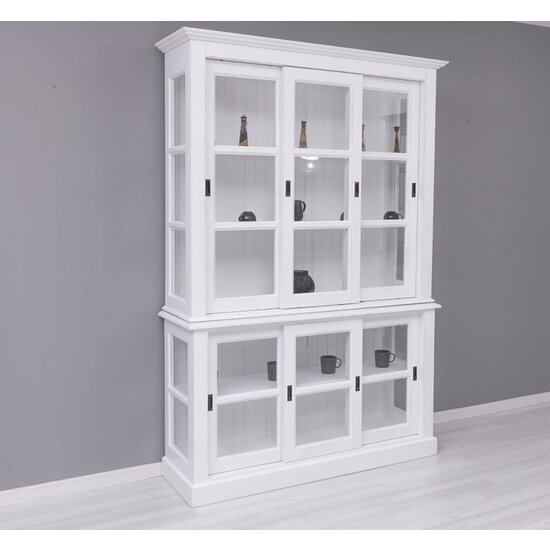 123kast  Vitrinekast Apeldoorn - 150x47x220H - bovenkast en onderkast met glazen schuifdeuren - eiken achterwand - glazen zijkanten