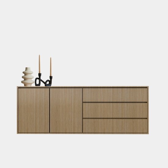 123kast  Dressoir Sidney - 220x45x80H cm -  strak design - licht eiken - 2 greeploze deuren - 3 greeploze lades