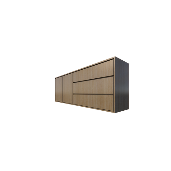 123kast  Dressoir Sidney - 220x45x80H cm -  strak design - licht eiken - 2 greeploze deuren - 3 greeploze lades