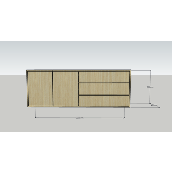 123kast  Dressoir Sidney - 220x45x80H cm -  strak design - licht eiken - 2 greeploze deuren - 3 greeploze lades