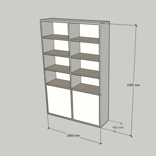123kast  Vakkenkast Glasgow - 150x40x230H cm - boekenkast - eiken planken - strak design - 2 greeploze push to open deuren