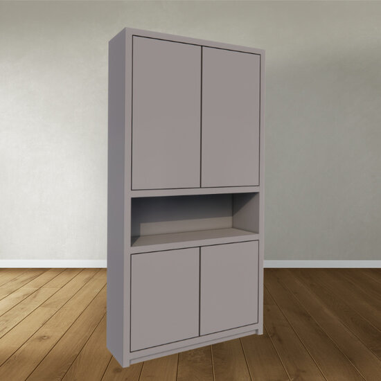 123kast  Vakkenkast Manhattan 08 - 120x40x240H cm - strak design - 4 greeploze deuren - open vakken gedeelte