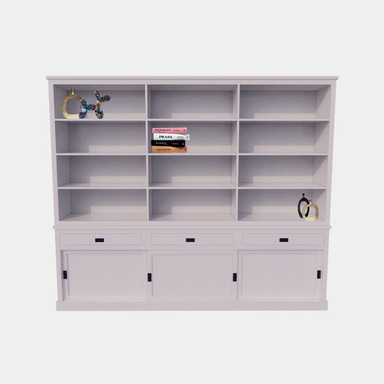 123kast  Boekenkast New York - 300x40x230H cm - strakke boekenkast - 3 soft close lades - 3 schuifdeuren - verstelbare planken