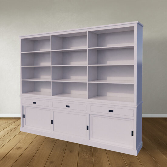 123kast  Boekenkast New York - 300x40x230H cm - strakke boekenkast - 3 soft close lades - 3 schuifdeuren - verstelbare planken
