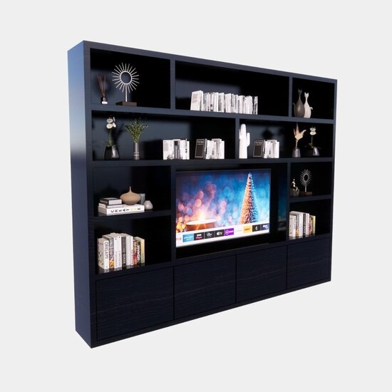 123kast  Vakkenkast Milaan - 300x40x240H cm - Cinewall - 1 tv paneel - strak design  - 4 push to open deuren - open tv vak