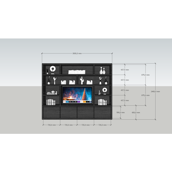 123kast  Vakkenkast Milaan - 300x40x240H cm - Cinewall - 1 tv paneel - strak design  - 4 push to open deuren - open tv vak