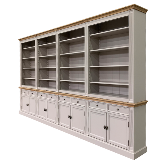 123kast  Boekenkast Modern Library - 400x43x240H cm - met eiken boven en tussenlijst - 8 scharnierdeuren - 8 lades - verstelbare planken