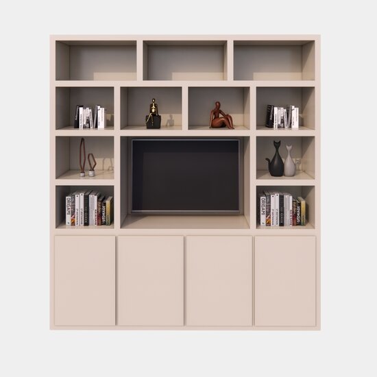 123kast  Tv vakkenkast Manhattan 05 - 220x40x240H cm - strak design - 4 push to open deuren - open vakken - cinewall - met tv kabel gat - greeploze deuren - 5cm plank dikte
