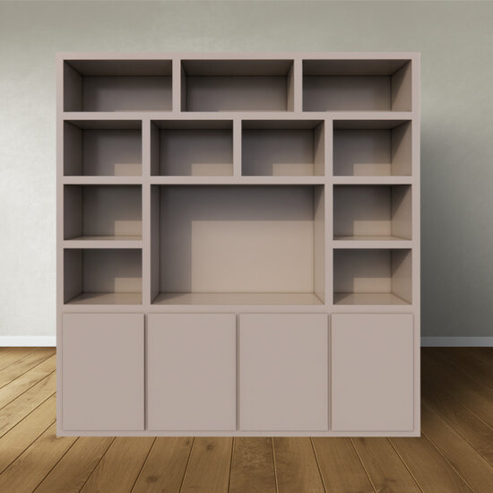 123kast  Tv vakkenkast Manhattan 05 - 220x40x240H cm - strak design - 4 push to open deuren - open vakken - cinewall - met tv kabel gat - greeploze deuren - 5cm plank dikte