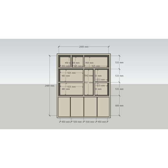 123kast  Vakkenkast Manhattan 04 - 200x40x240H cm - strak design - 4 push to open deuren - open vakken - greeploze deuren - 5cm plank dikte