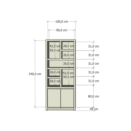 123kast  Vakkenkast Manhattan 02 - 100x40x240H cm - strak design - 2 greeploze push to open deuren - open vakken - 5cm plank dikte