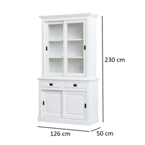 123kast  Buffetkast Peru - 126x50x230H cm - 2 vitrine schuifdeuren - 2 soft close lades - 2 dichte schuifdeuren