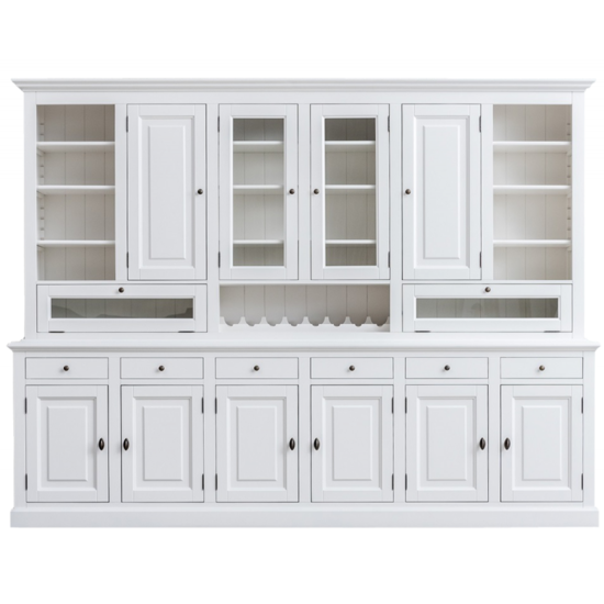 123kast  Buffetkast Capri - 300x45x230H cm - 2 vitrinedeuren - 8 dichte scharnierdeuren - 2 kleppen - 6 lades - met wijnrek - verstelbare planken