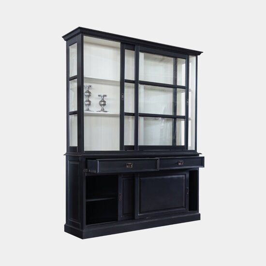 123kast  Buffetkast Miami beach - 160x53x218H cm - 2 vitrinedeuren - 2 lades - 2 dichte schuifdeuren - glazen zijkanten