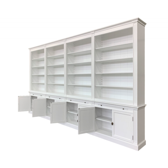 123kast  Boekenkast Melena del Sur - 400x43x240H cm - 16 planken - 4 uitschuifplanken - 8 dichte scharnierdeuren - verstelbare planken