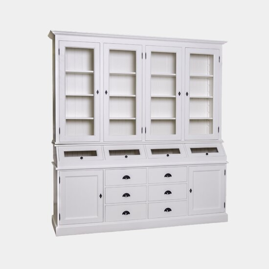123kast  Grutterskast Cova - 214x50x226H cm - 4 vitrine scharnierdeuren - 4 kleppen - 6 lades - 2 dichte scharnierdeuren