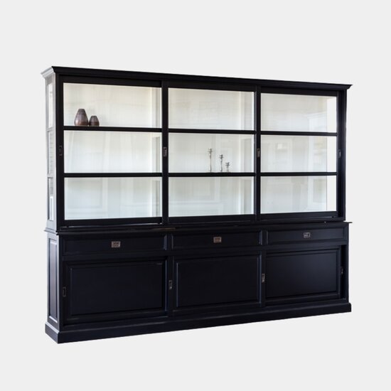123kast  Buffetkast Miami Beach - 300x53x218H cm - glazen zijkanten - 3 vitrine schuifdeuren - 3 soft close lades - 3 dichte schuifdeuren