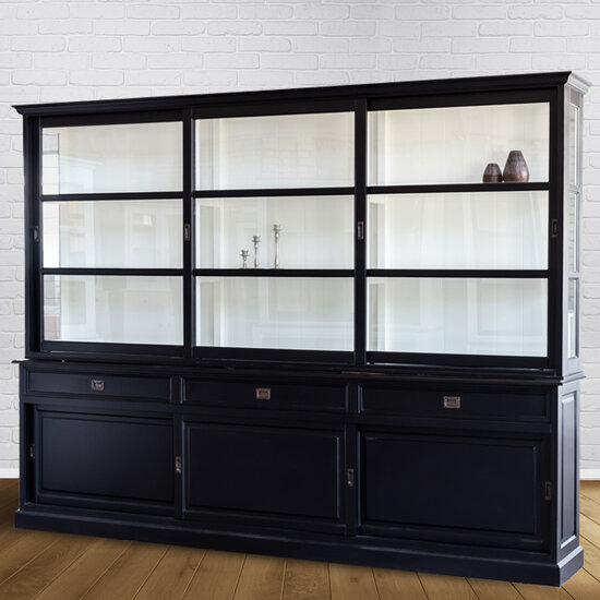 123kast  Buffetkast Miami Beach - 300x53x218H cm - glazen zijkanten - 3 vitrine schuifdeuren - 3 soft close lades - 3 dichte schuifdeuren