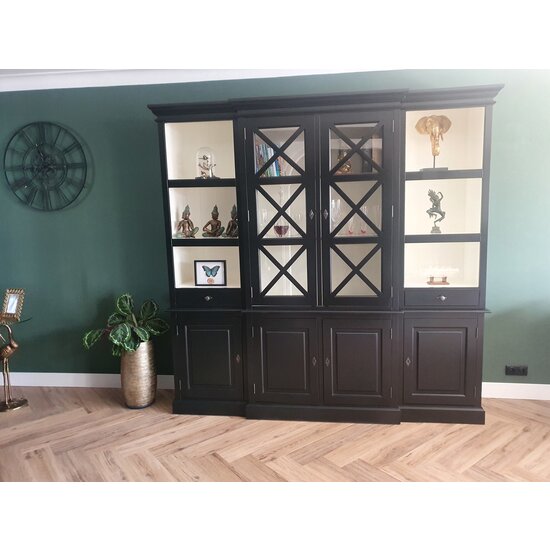 123kast  Buffetkast San Marino - 220x50x215H cm - open vakken - 2 vitrine scharnierdeuren met kruisen - 2 soft close lades - 4 dichte scharnierdeuren