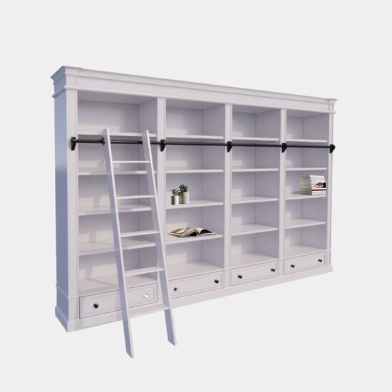 123kast  Brighton library - boekenkast - 330x40x240H cm - demontabel - met stang en ladder - 330x40x240H cm - 16 verstelbare planken - 4 soft close lades