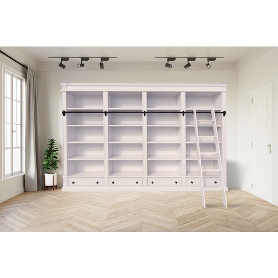 123kast  Brighton library - boekenkast - 330x40x240H cm - demontabel - met stang en ladder - 330x40x240H cm - 16 verstelbare planken - 4 soft close lades